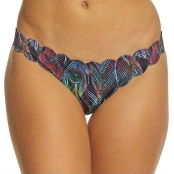 New PilyQ multi color peacock print reversible scalloped edge bikini bottom sz s - Picture 1 of 7